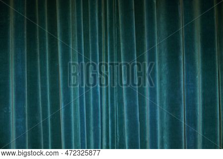 Vertical Fold On Green Velvet Curtains For Background And Design. Soft Focus