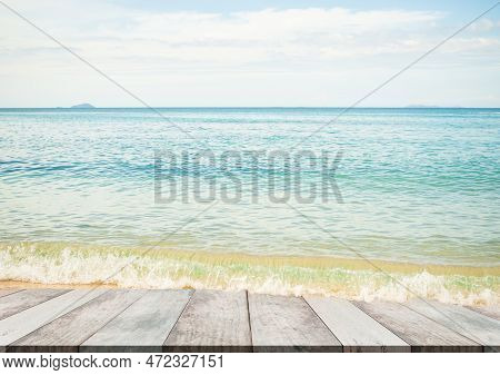 Table On Blue Sea And Cloud White Background,tropical Summer Nature,splash Surf Water Ocean Wave On 