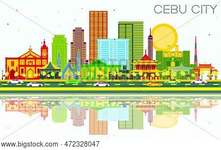 Cebu City Philippines Skyline With Color Buildings, Blue Sky And Reflections. Vector Illustration. B