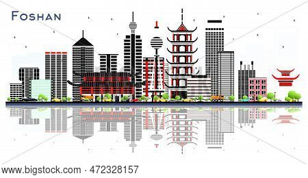 Foshan China City Skyline With Gray Buildings And Reflections Isolated On White. Vector Illustration