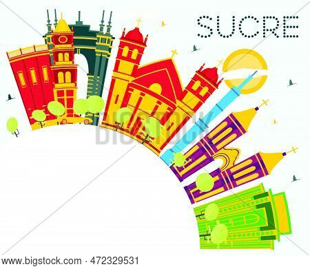 Sucre Bolivia City Skyline With Color Buildings, Blue Sky And Copy Space. Vector Illustration. Busin