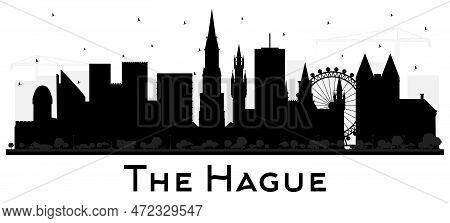 The Hague Netherlands City Skyline Silhouette With Black Buildings Isolated On White. Business Trave