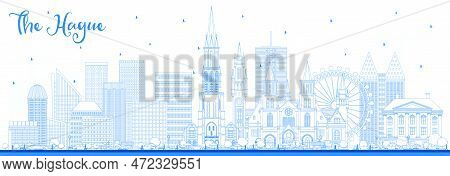 Outline The Hague Netherlands City Skyline With Blue Buildings. Business Travel And Tourism Concept 