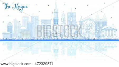 Outline The Hague Netherlands City Skyline With Blue Buildings And Reflections. Business Travel And 