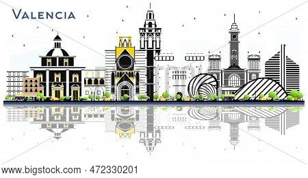 Valencia Spain City Skyline With Color Buildings And Reflections Isolated On White. Vector Illustrat