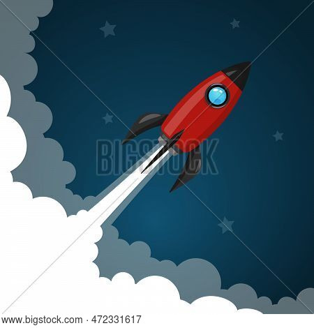 Space Rocket Launch To The Night Sky, Stars And Clouds On Background.