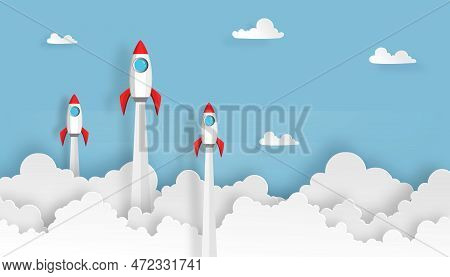 Paper Art Of Space Rocket Launch To The Sky In Startup Concept Of Business Or Project. Vector Illust