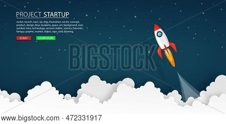 Rockets Launch Into The Night Sky With Text ,label, Stars And Clouds On Background. Business Or Star