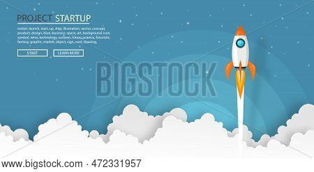 Rockets Launch Into The Night Sky With Text ,label, Stars And Clouds On Background. Business Or Star