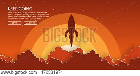 Rockets Launch Into The Night Sky With Text ,label, Stars And Clouds On Background. Business Or Star