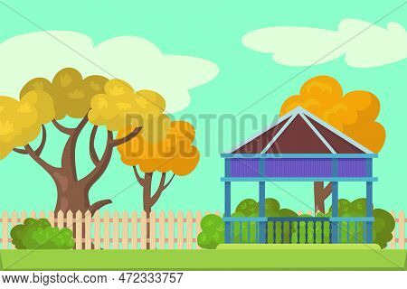 Fence And Gazebo On Personal Plot Vector Illustration. Small Garden With Trees And Summer Terrace In
