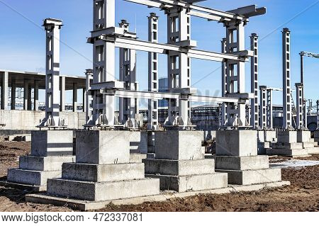 Monolithic Reinforced Concrete Foundation Or Grillage For The Construction Of A Modern Power Plant. 