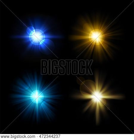Set Of Multicolored Light Bursts With Lens Effect. Realistic Colorful Flash And Glare. Vector Templa
