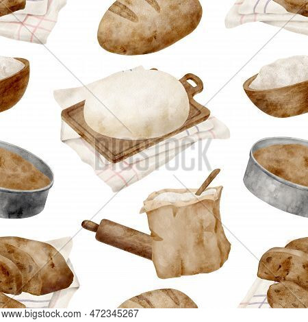 Watercolor Bread Seamless Pattern. Hand Drawn Baking Products Background. Loaf Of Wheat Bread, Dough