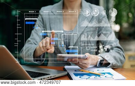 Businessman Hand Project Manager Working And Update Tasks And Gantt Chart Scheduling Virtual Diagram