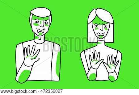 Man And Woman With Emotion Of Disgust, Green And White, Antipathy Reaction, Cover Themselves With Ha