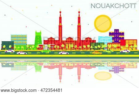 Nouakchott Mauritania City Skyline With Color Buildings, Blue Sky And Reflections. Vector Illustrati
