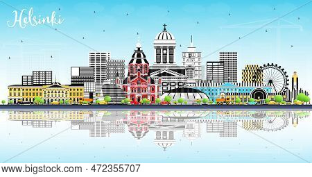 Helsinki Finland City Skyline With Color Buildings, Blue Sky And Reflections. Vector Illustration. B