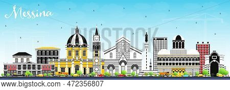 Messina Sicily Italy City Skyline With Color Buildings And Blue Sky. Vector Illustration. Business T