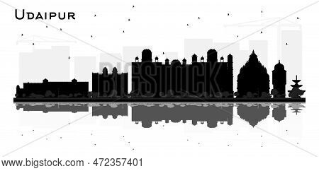 Udaipur India City Skyline Silhouette With Blackbuildings And Reflections Isolated On White. Vector 