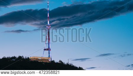 Tbilisi, Georgia. Night Scenic View Of Georgia Tbilisi Tv Broadcasting Tower. Located On Territory O