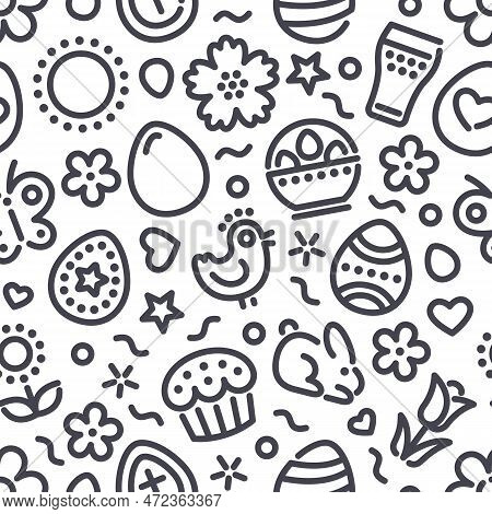 Easter Seamless Pattern With Icons. Usable For Holiday Design. Vector Clipart Template.