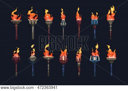Medieval Torch. Sprite Animation Frame Set With Burning Fire Elements, Ancient Stick With Fireflame 