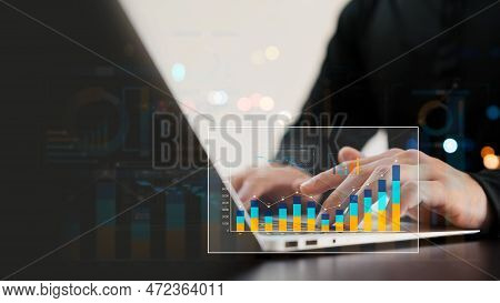 Businessman Analyzing Business Enterprise Data Management, Business Analytics With Charts, Metrics A