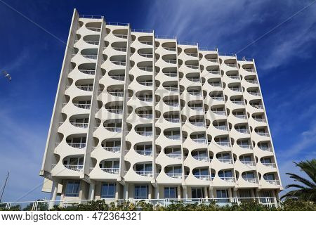 La Grande-motte, France - October 2, 2021: Modern Ziggurat Style Architecture Of Famous Centrally Pl