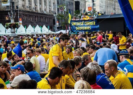 Kiev, Ukraine - June 10: Cheering Sweden And Ukrainian Fans Have Fun In The Fanzone  During Uefa Eur