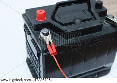 Black Lead Acid Battery For Car. Auto Concept, Isolated On White. Concept Of Service, Maintenance, C