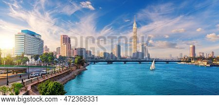 View On Cairo Downtown With The Tower And Fashionable Hotels In Gezira Island In The Nile, Egypt