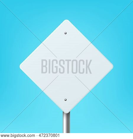 Vector White Blank Diamond Shaped Road Sign Frame Icon Closeup On Blue Background. Road Poiner Plate