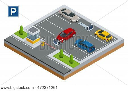 Isometric Robot Valet Parking Cars. Outdoor Valet Parking Robot. Automated Parking Systems For Cars 