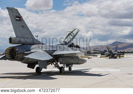 Konya, Turkiye - June 30, 2022: Jordan Air Force General Dynamics F-16bm Fighting Falcon (6e-15) Dis