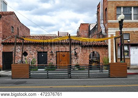 Santa Ana, California - 6 Mar 2023: Outdoor Dining Space At El Indio Botanas Y Cerveza Mexican Resta