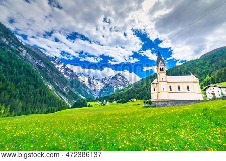Idyllic Village In Stelvio Pass Valley And Ortler Massif, Italian Dolomites At Springtime, Italy