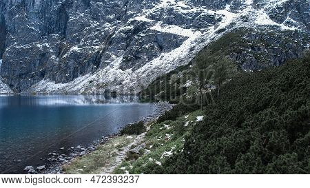 Czarny Staw Pod Rysamy Or Black Pond Lake Near The Morskie Oko Snowy Mountain Hut In Polish Tatry Mo