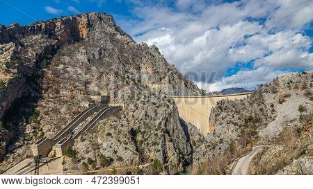 Dam And Hydro Power Plant. Winter Landscape On The Dam In The City Of Manavgat