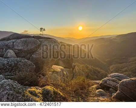 Sunset View Of Fafiao Viewpoint And Hills In Geres National Park. Northen Portugal