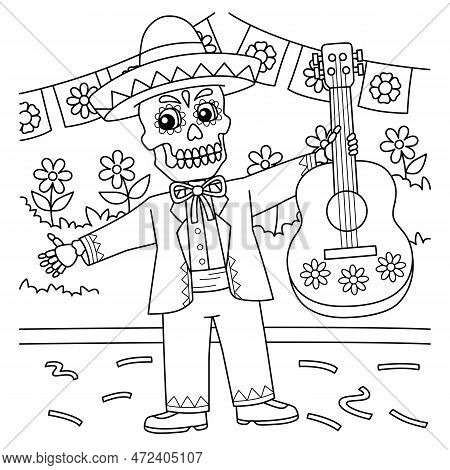 A Cute And Funny Coloring Page Of A Mariachi Skeleton Celebrating Cinco De Mayo. Provides Hours Of C