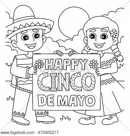 A Cute And Funny Coloring Page Of Mexican Children Holding A Cinco De Mayo Banner. Provides Hours Of