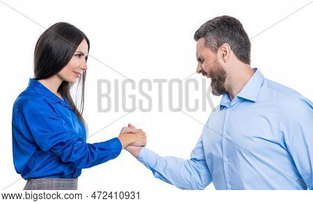 Businesspeople Armwrestling In Studio. Businesspeople Armwrestling On Background.