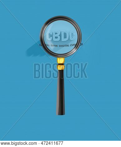 Cbdc Under A Magnifying Glass Isolated On Blue Ad Banner With Copy Space .3d Rendering Magnifying. S