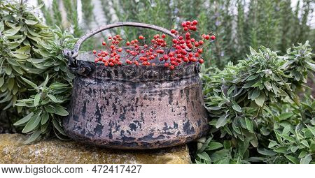 An Old Copper Cauldron Or Caldron With A Handle Large Pot Used For Cooking Or Boiling Over An Open F