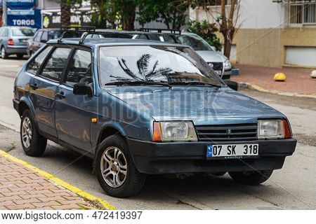 Side; Turkey - February 13 2023: Blue 2109 Vaz  Is Parking  On The Street On A  Summer Day Against T