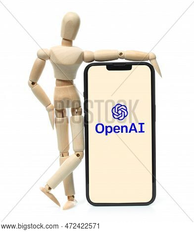 Kiev, Ukraine - March 08, 2023: Openai Logo On Phone Screen With Wooden Manikin. Openai Is A Non-pro