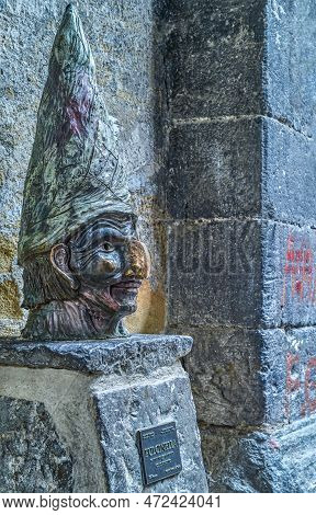 Naples, Italy - March 28,2019: The Famous  Bust Of Pulcinella In Tribunali Street, Old Town