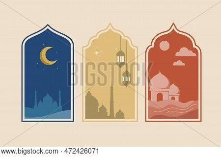 Collection Of Oriental Style Islamic Windows And Arches Ramadan Concept With Mosque, Moon And Lanter