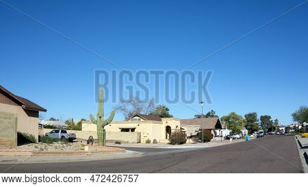Southwestern Style Resdiential Xeriscaped Street In Phoenix, Arizona
